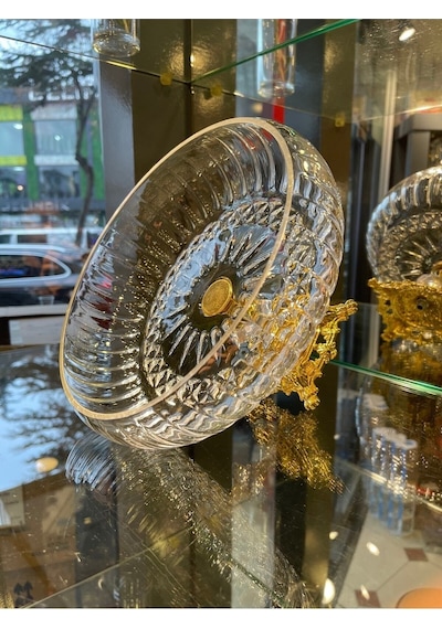Paşabahçe Lotus Kristal 24 Cm Kesme Dekor Gold Ayak Salata Kasesi Cam Sunumluk- Servis Tabağı