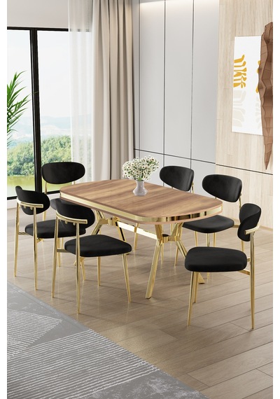 Canisa Olya Serisi 90x168 Lak Panel Hazar Masa Takımı Gold Ayaklı 6 Siyah Sandalye Hazar Masa Siyah Sandalye Canisa Olya Serisi 90x168 Lak Panel Hazar Masa Takımı Gold Ayaklı 6 Siyah Sandalye Hazar Masa Siyah Sandalye