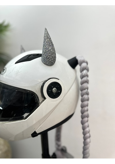 Motor & Motosiklet Gri Simli Çift Örgü Saç Ve Hologramlı Şeytan Boynuzlu Set Kask Dış Aksesuarı Diğer