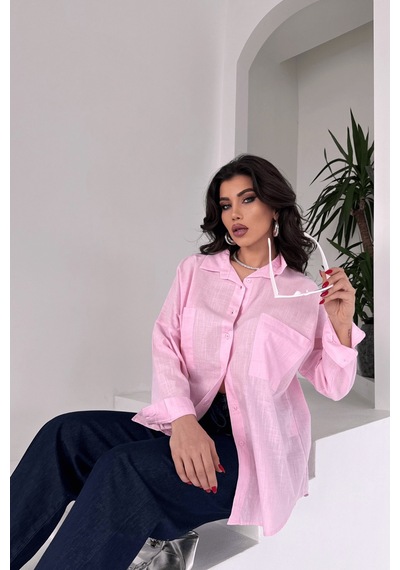 Paw Garage Kadın Harper Çift Cepli Oversize Keten Gömlek, 2025 Summer Collection Pembe