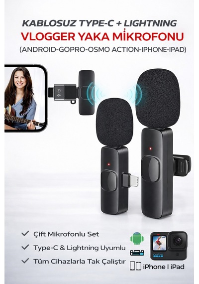 Kablosuz Yaka Mikrofonu Type-c Lightning Uyumlu Vlogger Mikrofon İphone Android Uyumlu Set