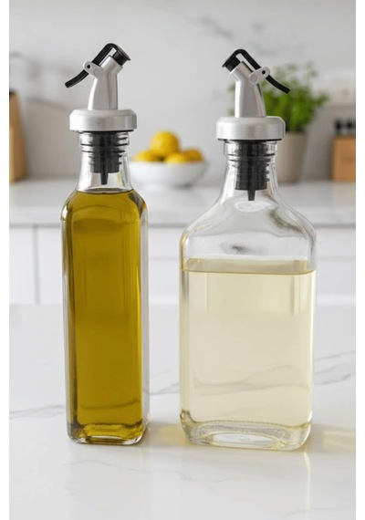 2'li Şeffaf Cam Yassı Yağdanlık - Sızdırmaz Tıpalı 200ml. Sirkelik Sosluk Çok Renkli
