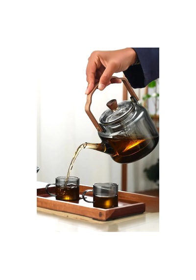 Ahşap Saplı Füme Cam Demlik Borosilikat Isıya Dayanıklı Cam Çaydanlık 1200 Ml Füme