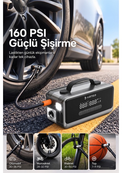 Araç Süpürgeli Akü Takviyeli Jump Starter & 160 Psı Kompresör Araç Kiti 18.000 Mah