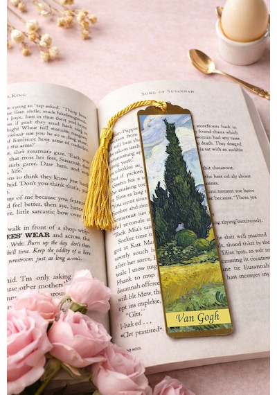 Kitap Kılıfı Ve Metal Kitap Ayracı Seti Van Gogh Selvi Ağaçlı Buğday Tarlası