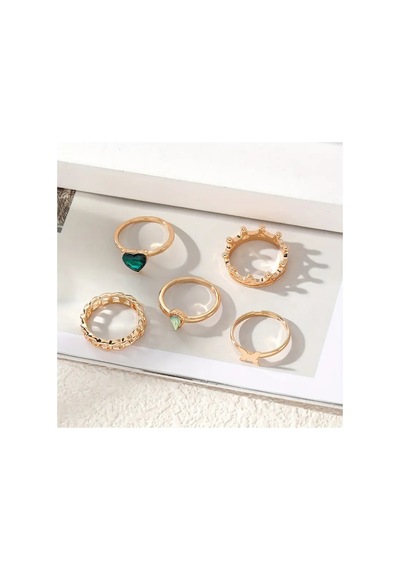 Lavin 6 Adet Yeşil Taşlı Aşk Temalı Şık Vintage 14 Şubat Sevgiliye Hediye Gold Altın Yüzük Seti