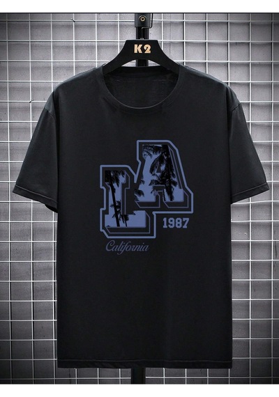 T-shirt - La 1987 Baskılı Oversize Bisiklet Yaka Kısa Kol Tişört Siyah