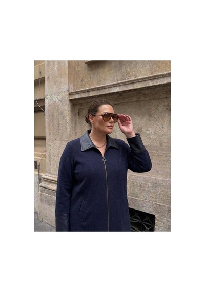 Onno Style Women Yaka Kol Ağzı Derili Çelik Örgü Triko Kaban Lacivert
