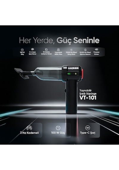 Laiser Mini, Katlanabilir Led Ekranlı 17.000 Pa 3ın1 Çekme-vakum-üfleme Özellikli Şarjlı Araç Süpürgesi Siyah