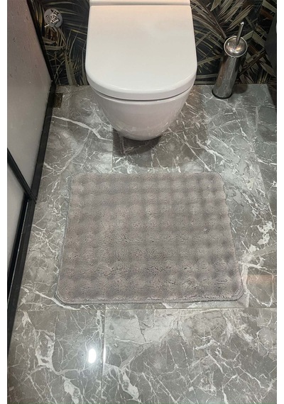 Modern Bubble Yıkanabilir Kaymaz Peluş Banyo Paspası Halısı 2'li Klozet Takımı 60x100 Ve 50x60 Gri