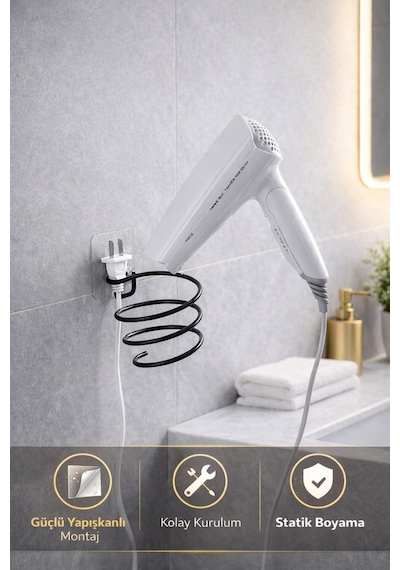 Alper Banyo Siyah Güçlü Yapışkanlı Fön Makinesi Askısı
