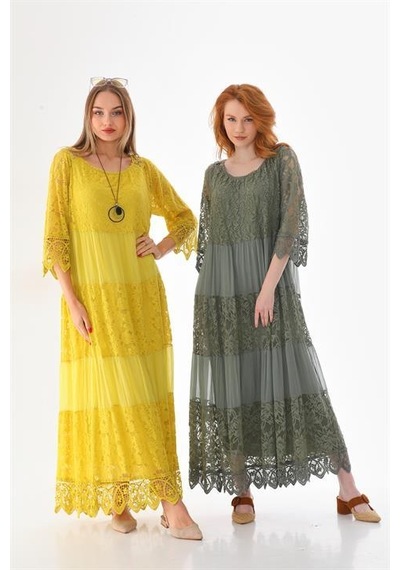 Eren Style İtalyan Sunshine İpek Detaylı Dantelli Elbise-9033 Haki