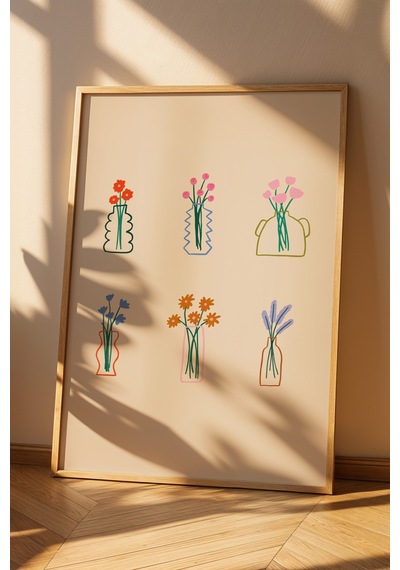 Çiçek Buketleri Dekoratif Poster Tablo Ahşap Çerçeveli