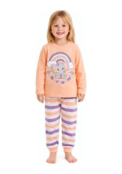 Poli Foni Gökkuşağı Temalı Uyku Bantlı Kız Çocuk Pijama Takımı Turuncu
