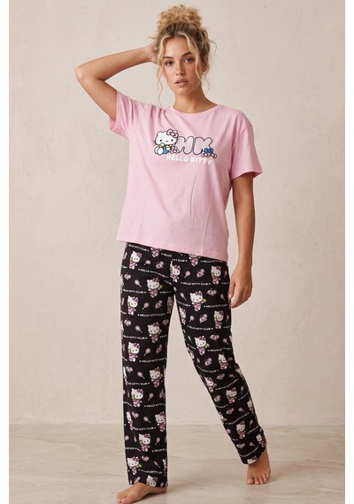 Siyah İnci Hello Kitty Lisanslı %100 Pembe Çok Renkli Bisklet Yaka Pijama Takım 26120461