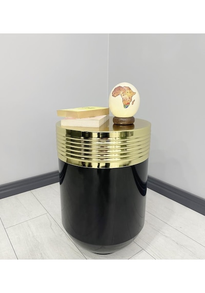 Elegant Dekoratif Gold Darbuka Parlak Siyah Sehpa 60cm