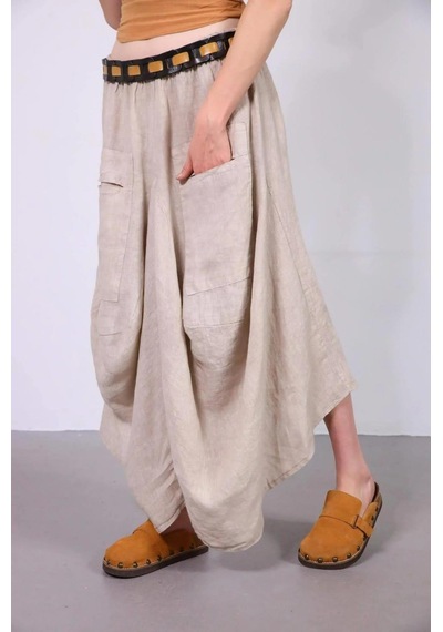 Bohem Stil İtalyan Cepli Keten Şalvar Pantolon Cmn00154 Krem