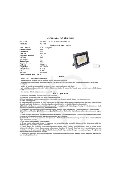 50w Led Projektör Sarı Işık