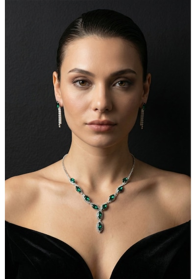 Accessories Yeşil Mekik Taşlı Su Yolu Kolye Küpe Takı Seti - Düğün, Kına, Nişan Gelin Takı Seti Gümüş - Yeşil