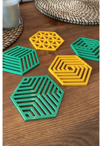 Kazanova Design Geometrik Altıgen Bardak Altlığı Seti Yeşil Ve Sarı Dekoratif
