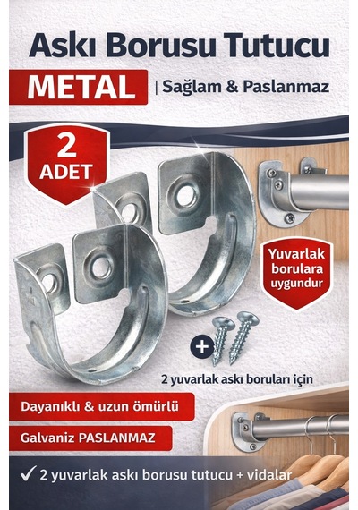 Krom Oval Boru Askı Flanşı Gardırop Dolap İçi Askılık Aparatı Mobilya Uyumlu 2 Adet Set Gümüş