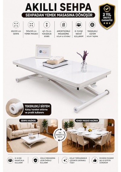 Sehpam Akıllı Home Üst Tabla Mdf Beyaz Oval Köşe Alt Beyaz Beyaz - Beyaz