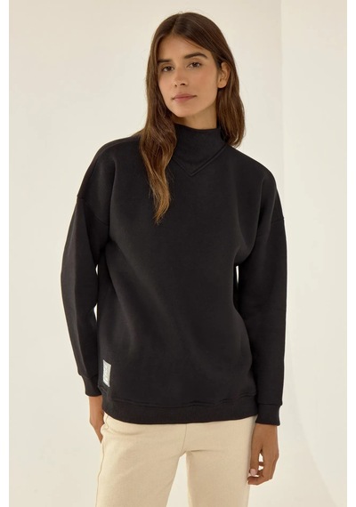 Hiccup Rahat Kesim Yarım Yüksek Yaka Sweatshirt Siyah
