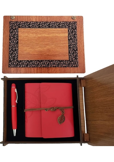 Ahşap Kutulu Kırmızı Deri Defter Ve Metal Kalem Set