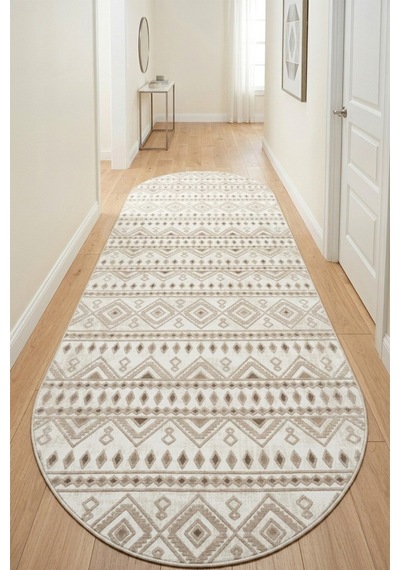 Raschel Carpet Oval Premium Yıkanabilir Leke Tutmaz Modern Yolluk Etnik Desen Bej Özel Seri Kaymaz Taban Halı Çok Renkli