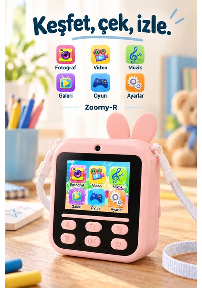 Kj/zm-003 Zoomy-r Tavşan Figürlü Anında Baskılı Çocuk Fotoğraf Makinesi, Çift Kamera, 2,4 İnç Ekran, 1080p Video, 3+ Yaş Pembe