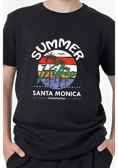 Panios Kids Summer Baskılı Erkek Çocuk Yuvarlak Yaka Kısa Kollu T-shirt Siyah