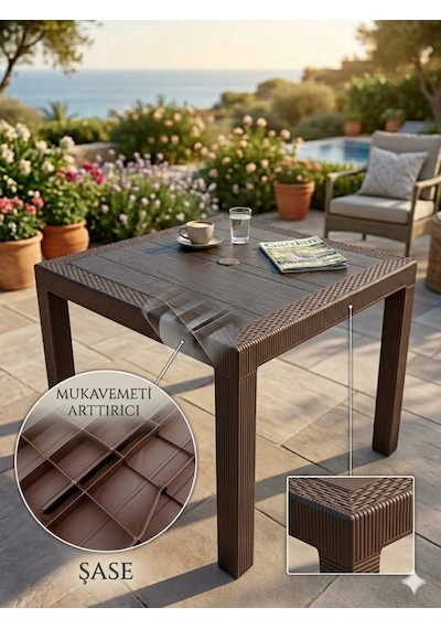 Evko Mobilya Rattan 90x90 Masa, Plastik Masa, Bahçe Balkon Teras Masası, Kare Masa, Dış Mekan Masası Acı Kahverengi
