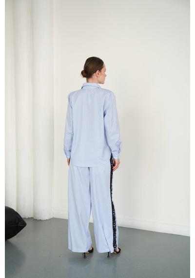 Verymoda Dantel Detaylı Çizgili Pantolon F2083 Mavi