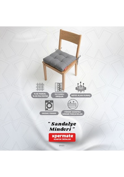 Pofuduk Sandalye Minderi Bağcıklı 40x40 Cm Yıkanabilir Dekoratif Mutfak Bahçe Piknik Minderi Gri