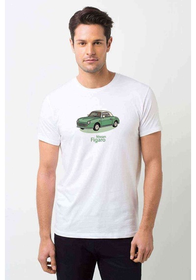 Nissan Figaro Nostalji Araba Baskılı Beyaz Erkek Tshirt