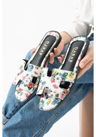 Dabab Shoes Florısa Kadın Çiçek Desenli H Bantlı Beyaz Düz Taban Yazlık Terlik
