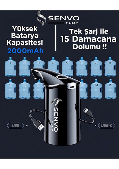 Senvo Pump Damacana Su Pompası Hızlı Dolum, Ultra Sessiz, Tek Şarjla 15 Damacanaya Kadar Siyah