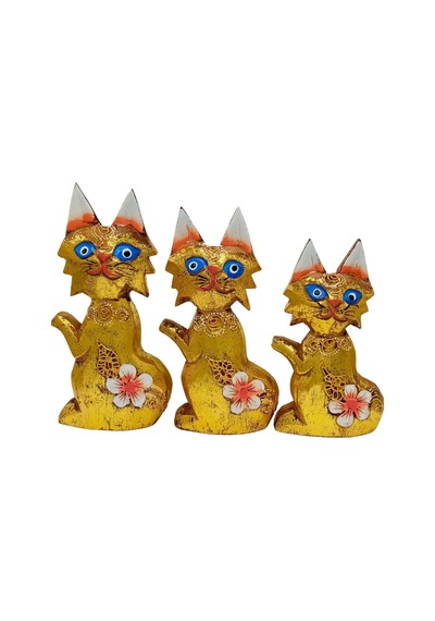 Ahşap Simli Üçlü Kedi Dekoratif Biblo No.2 17 Cm