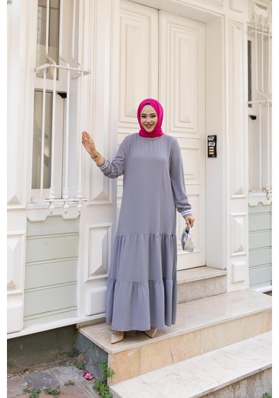 Hb Harma Time Butik Kadın Kat Kat Ribanalı Gri Tesettür Elbise Gri Gri