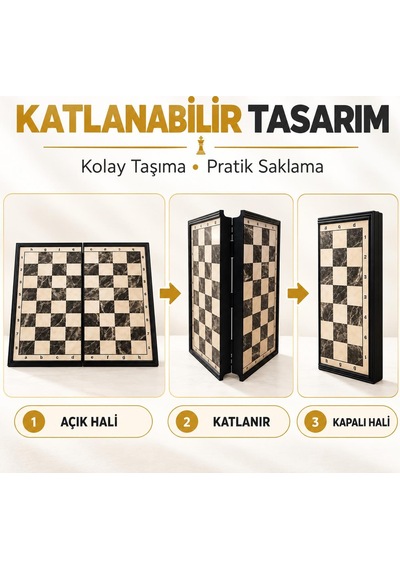 Manyetik Satranç Takımı 24x24 Cm Katlanabilir Taşınabilir Mermer Desenli Satranç Seti