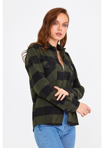 Tarz Cool Kadın Haki-siyah Slim Fit Cepli Ekoseli Oduncu Gömlek-kkkodg001r08s Haki-siyah