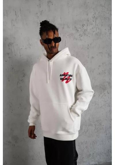 Veraura Lifestyle Erkek Şapkalı Güvercin Baskılı Kapşonlu Sweat - Beyaz S