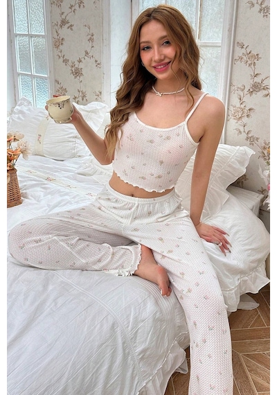 Merry See Baskılı Askılı Pijama Takımı Pembe Çiçekli Pembe