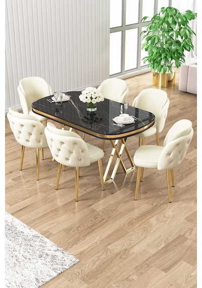 Canisa Zae Serisi 90x168 Lak Panel Siyah Mermer Desen Gold Ayak Masa Takımı 6 Krem Sandalye Sonata Masa Krem Sandalye Ayaklar Gold Canisa Zae Serisi 90x168 Lak Panel Siyah Mermer Desen Gold Ayak Masa Takımı 6 Krem Sandalye Sonata Masa Krem Sandalye Ayaklar Gold