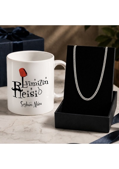 Bk Gift Kişiye Özel Babalar Günü Tasarımlı Beyaz Kupa & Gurmet Zincir Kolye -9, Babalar Günü Hediyesi Gümüş