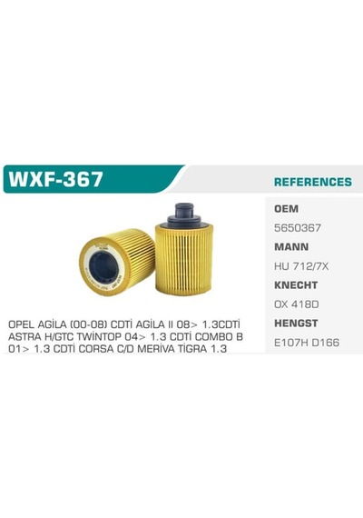 WINKEL WXF-367 Yağ Filtresi Palio Albea Doblo / Astra H 1.3 Jtd 1.3 Cdtı Z13Dt Z13Dth