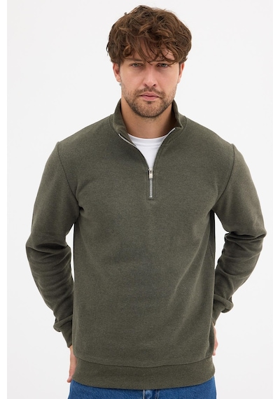 Mmetalic Erkek Haki Standart Fit Normal Kesim Pamuklu Yarım Fermuarlı Dik Yaka Pamuklu Sweatshirt Haki