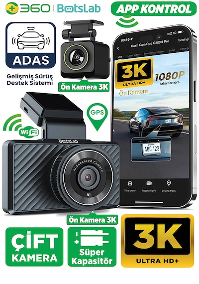360+ Botslab G500H Pro ADAS Ön 3K QHD -Arka 1080P FHD 150° Açı WiFi+GPS Gece Görüşlü Araç İçi Kamera