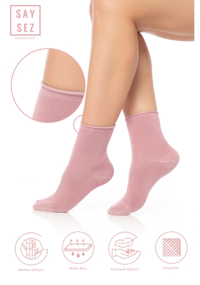 Saysez Bambu Kadın Lastiksiz Pembe Soket Dikişsiz Premium Çorap 3'lü Pkt Pembe
