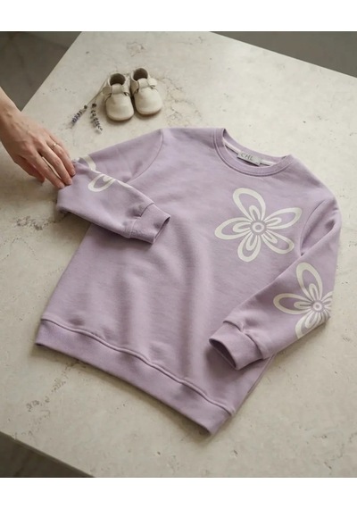 Lila Çiçek Baskılı Kız Sweatshirt Modeli